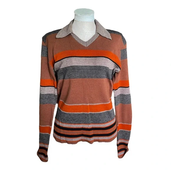 Vintage 70s Campus Knit Striped Collared V-Neck Long Sleeve Sweater Brown - Picture 3 of 10